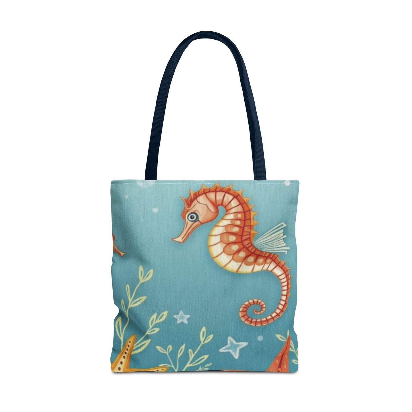 Beach tote bag with vibrant seahorse and starfish design, perfect for coastal adventures.