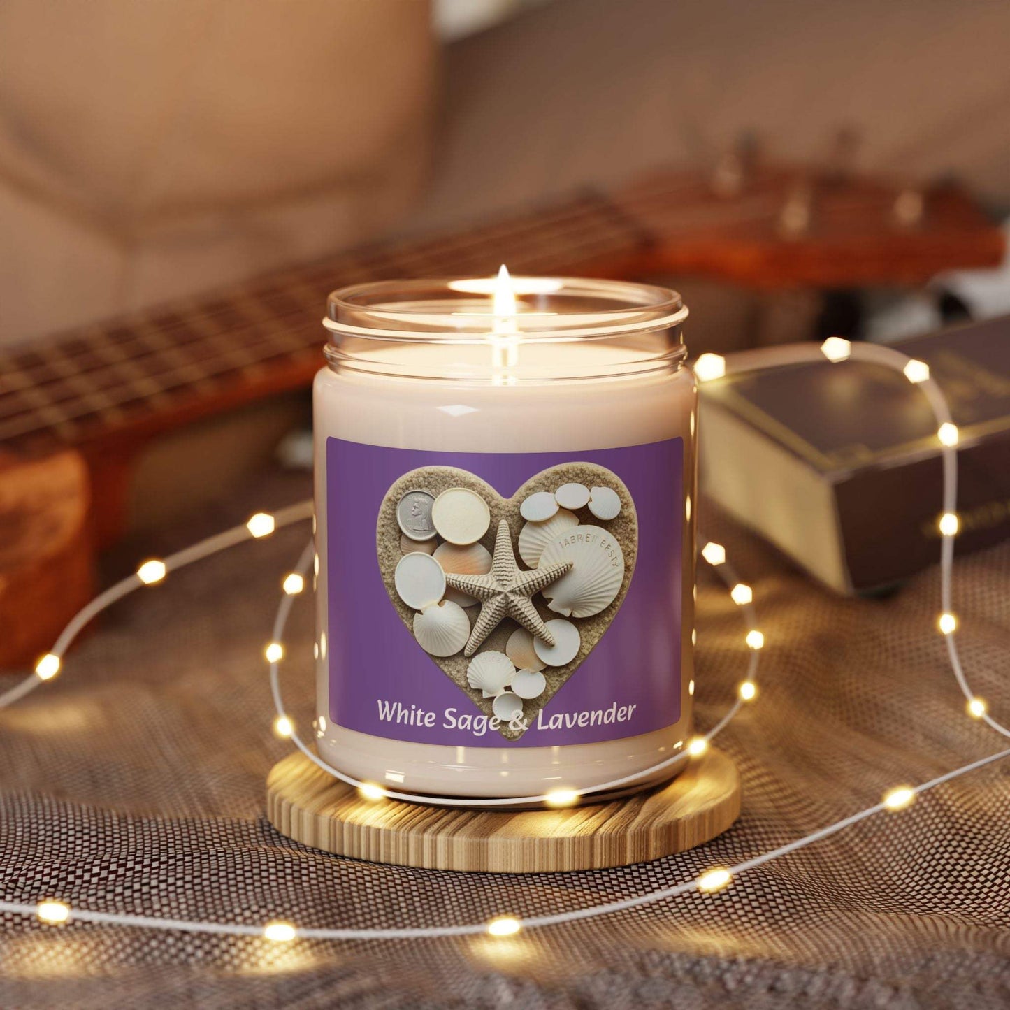 Scented Soy Candle - White Sage & Lavender in glass jar, with warm, relaxing glow, perfect for aromatherapy.