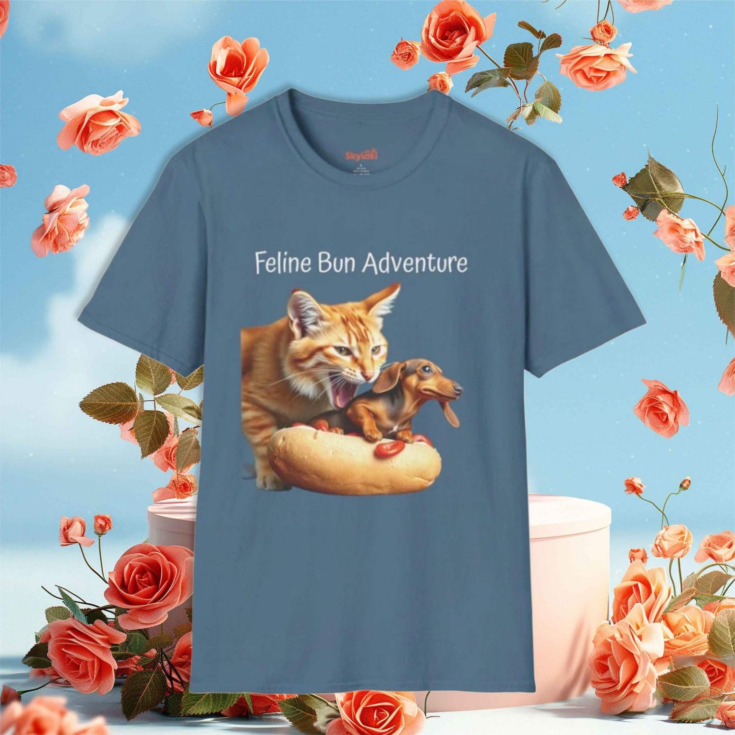 Unisex T-shirt featuring a playful cat and dog adventure illustration, perfect for casual wear.