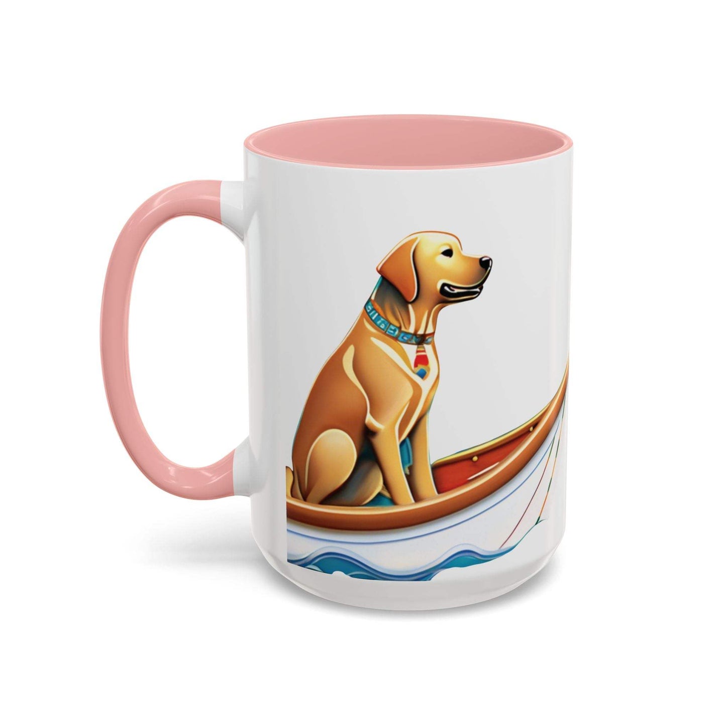 Nautical Dog Lover Coffee Mug with playful dog design in a boat, ceramic, 11oz & 15oz, pink interior.