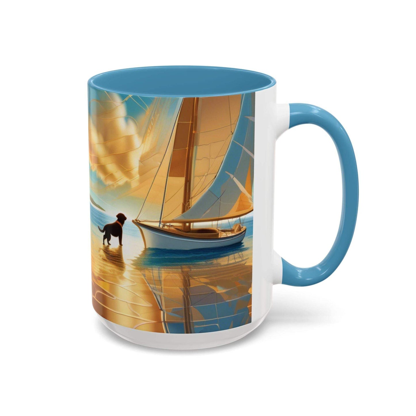Serene Sunset Dog Lover's Mug with vibrant sailing artwork, microwave and dishwasher safe, available in 11oz and 15oz.