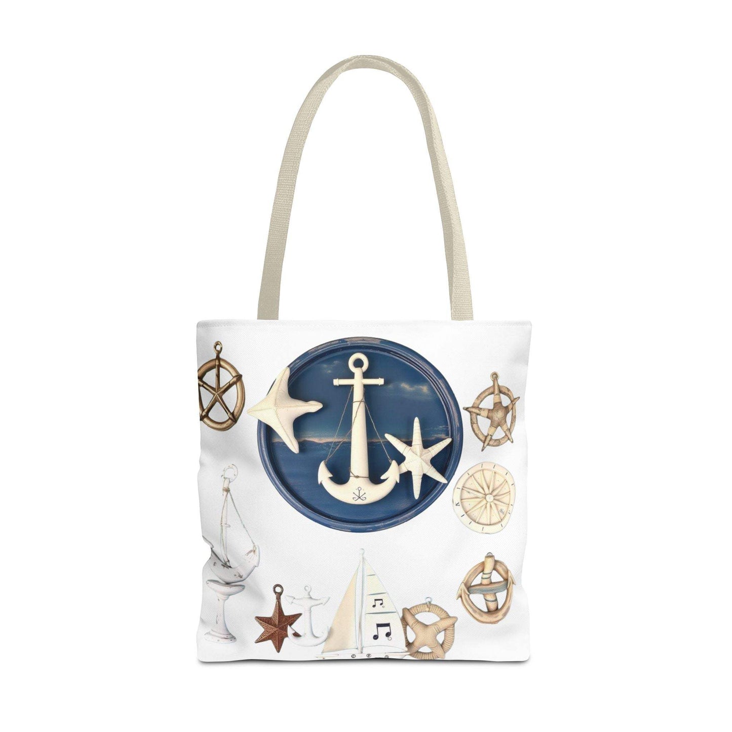 Nautical tote bag with anchor and star motif, durable polyester, ideal for beach and casual outings.