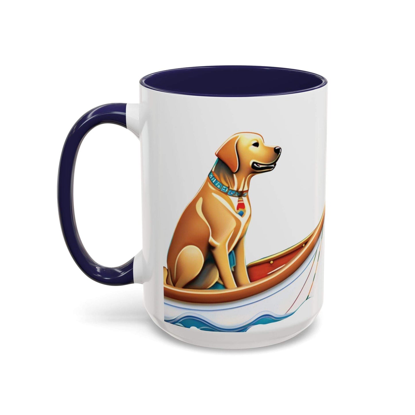 Nautical dog lover coffee mug with playful boat design, available in 11oz and 15oz sizes.