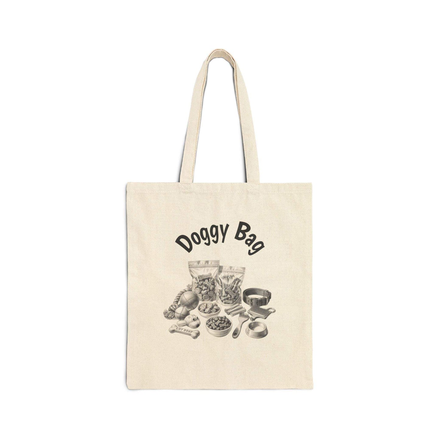 Canvas dog travel bag tote with vintage dog treats artwork and reinforced handles