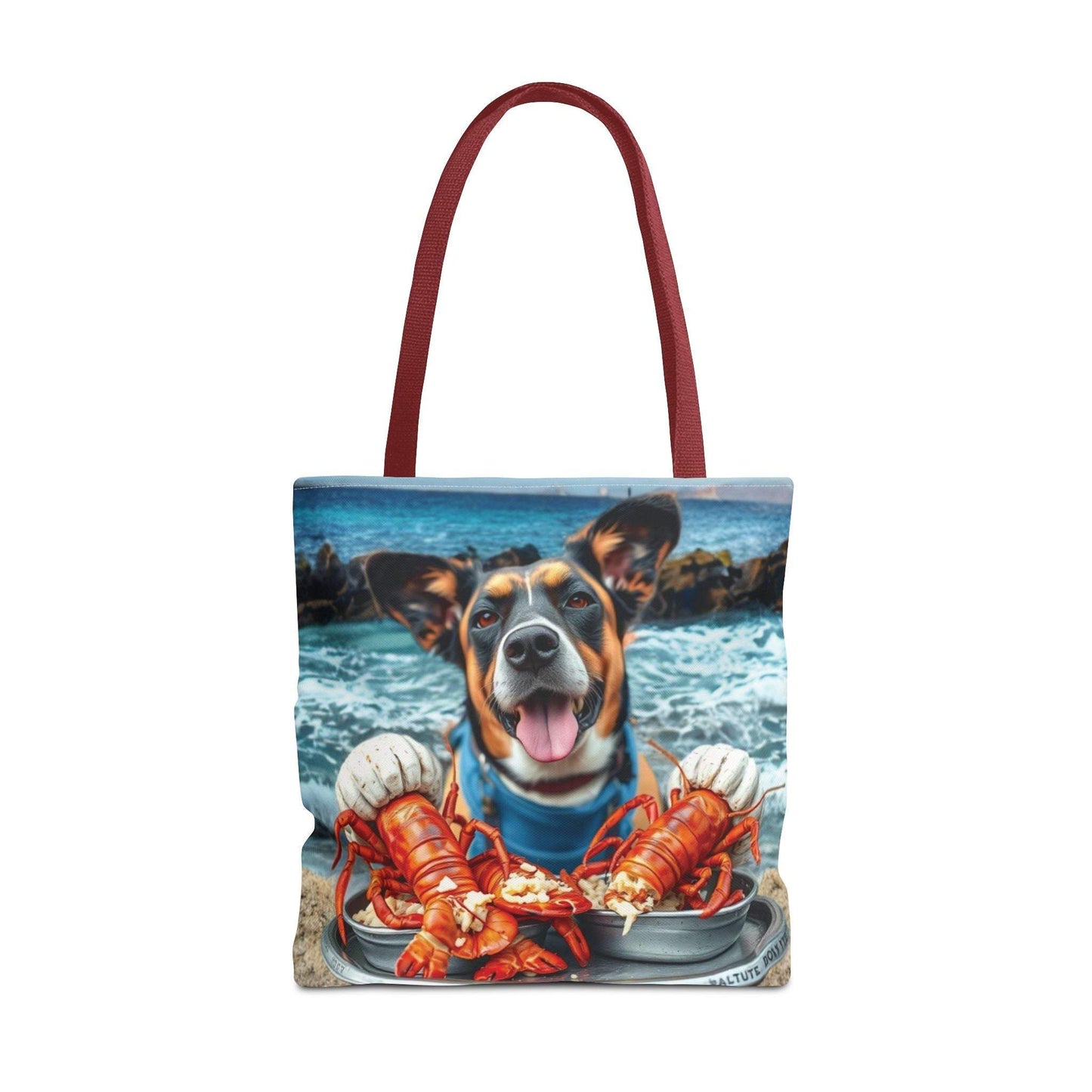 Happy Dog Lobster Tote Bag with playful design and durable fabric, ideal for beach trips and everyday use.