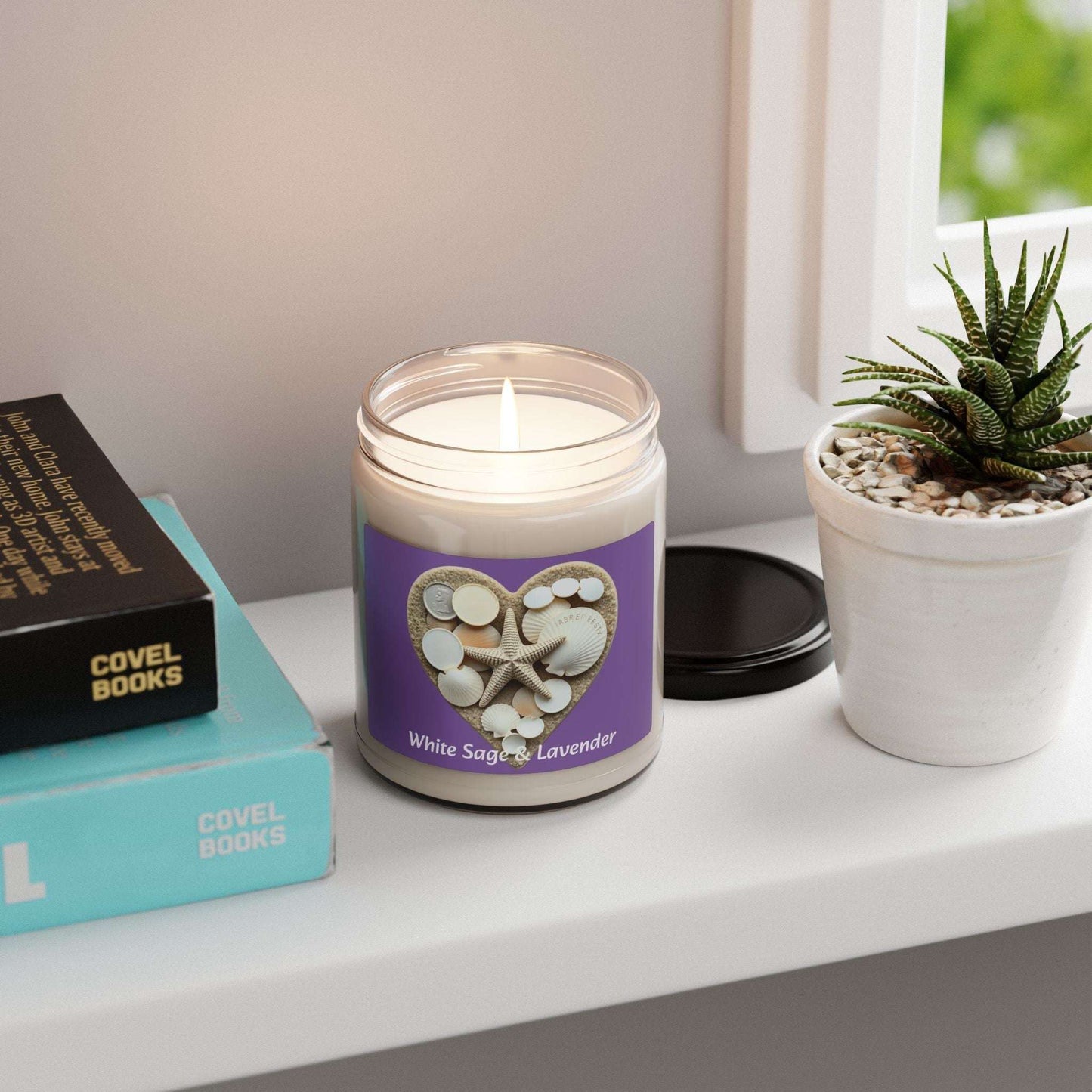 Scented soy candle with white sage and lavender fragrance in glass jar, creating a relaxing ambiance.