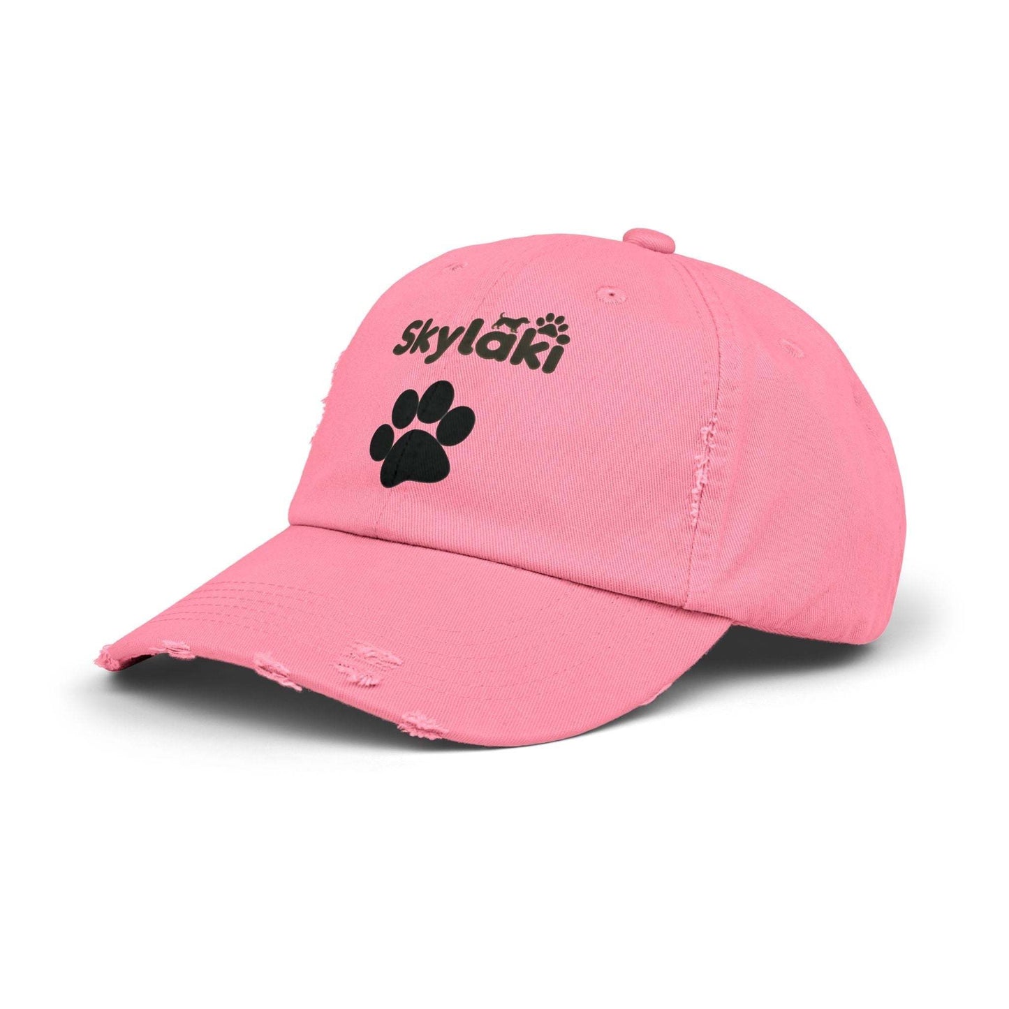 Unisex distressed cap with Skylaki logo in pink, 100% cotton twill.