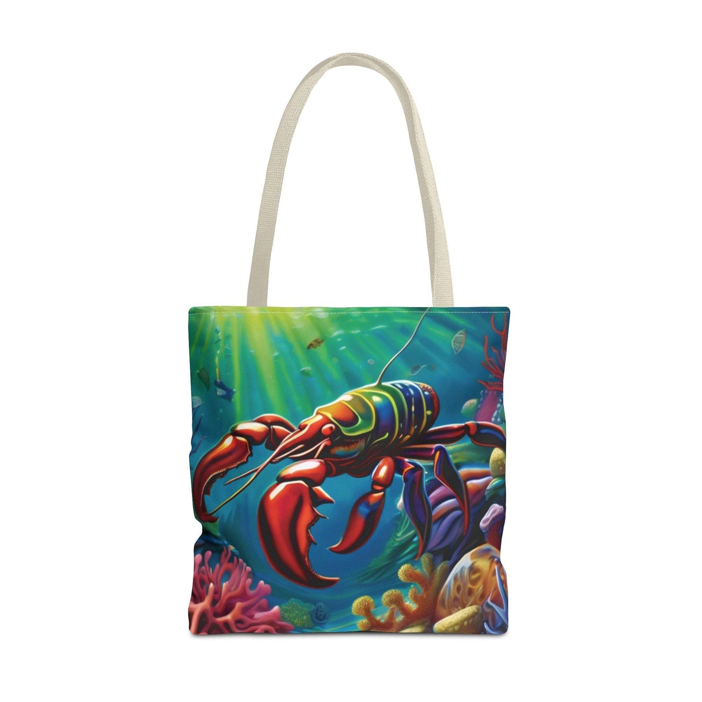 Lobster Tote Bag with vibrant ocean design, perfect for beach lovers and marine enthusiasts.
