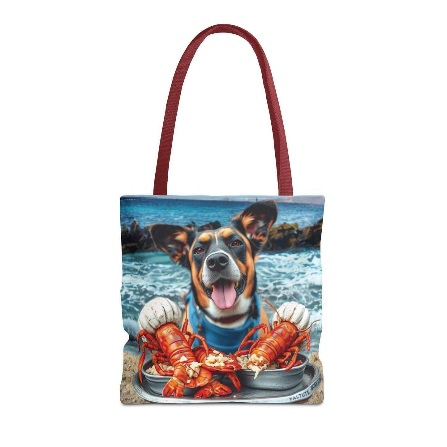 Fun beach tote bag with a playful dog and lobster design, ideal for pet lovers.