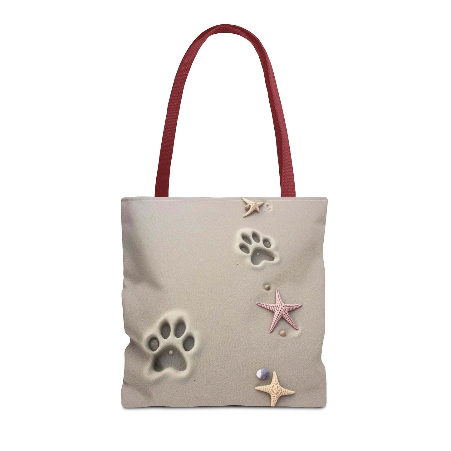 Beach tote bag with paw and starfish design, perfect for pet lovers and beach outings.