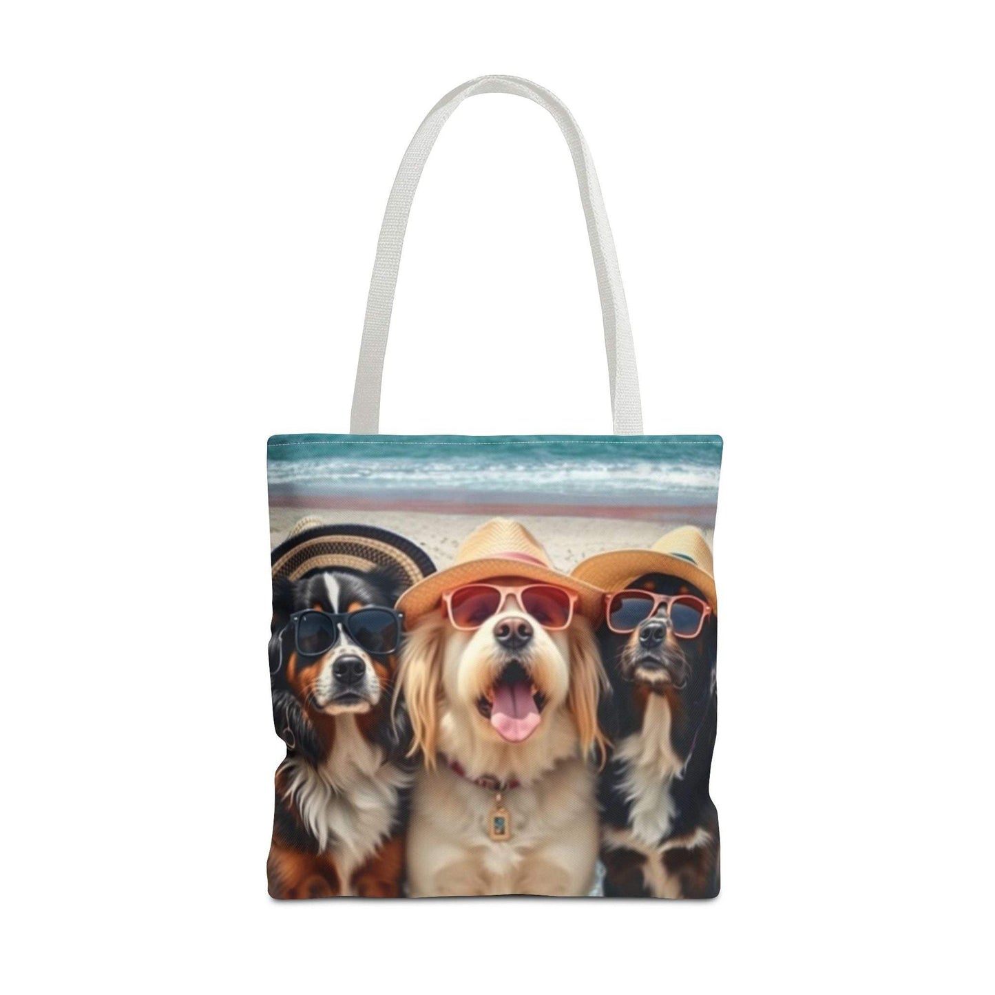 Trendy tote bag featuring dogs in sunglasses design for pet lovers.