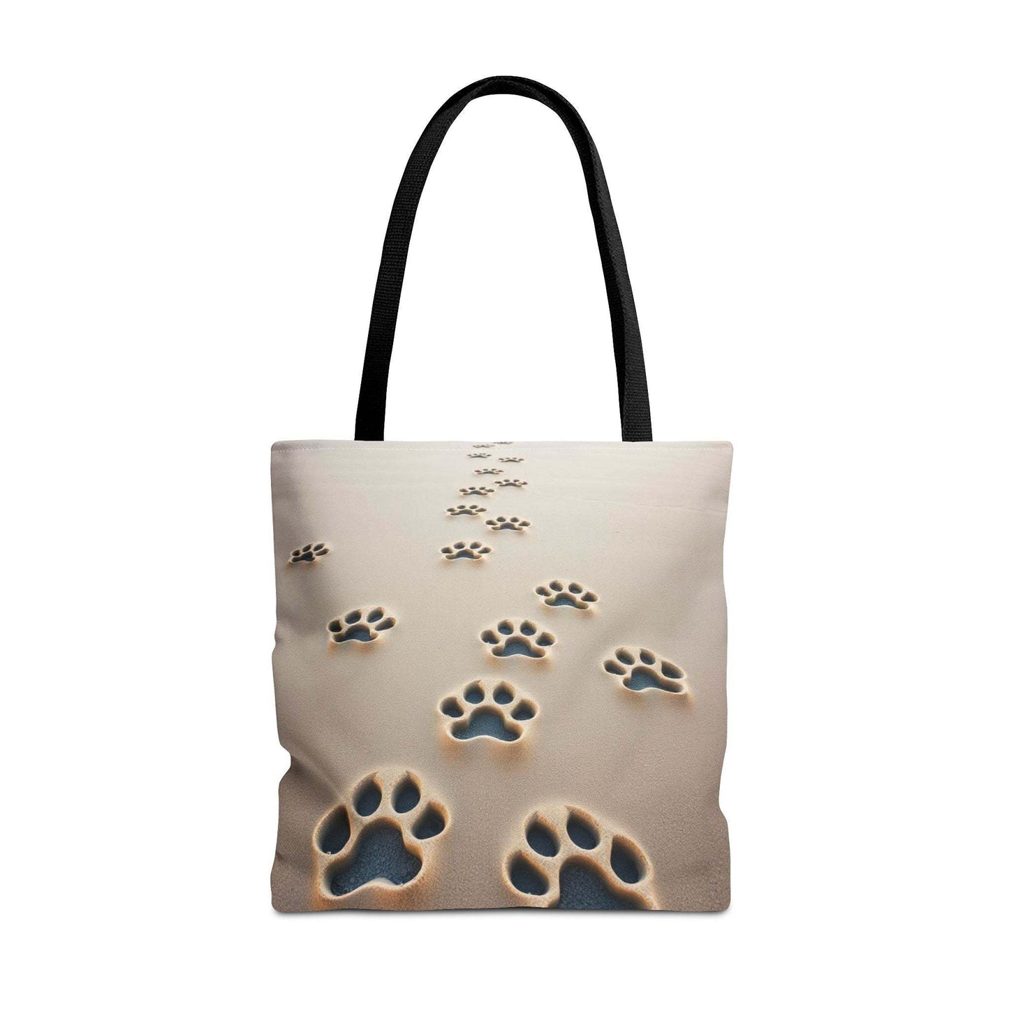 Paw Print Tote Bag with Black Handles on Sand Background