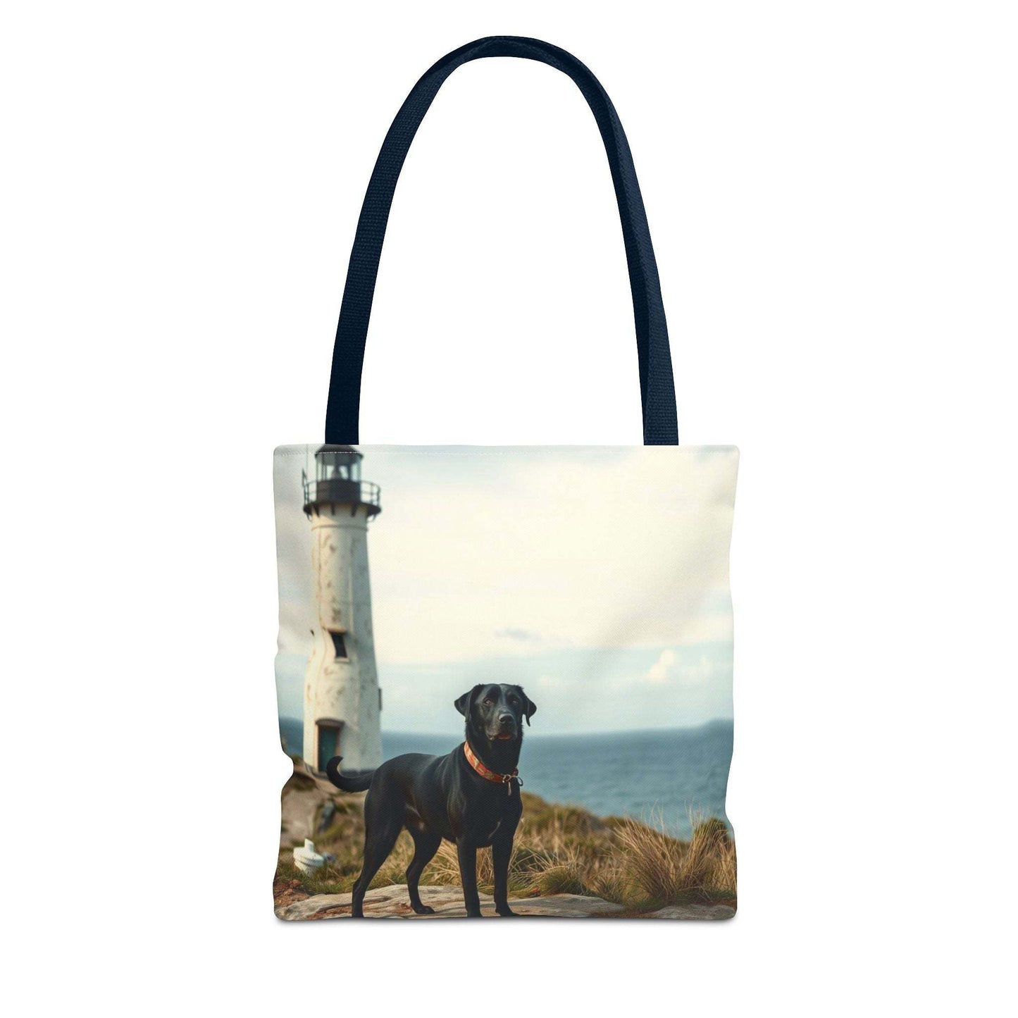 Coastal Canine Tote Bag featuring a dog and lighthouse design for beach lovers.