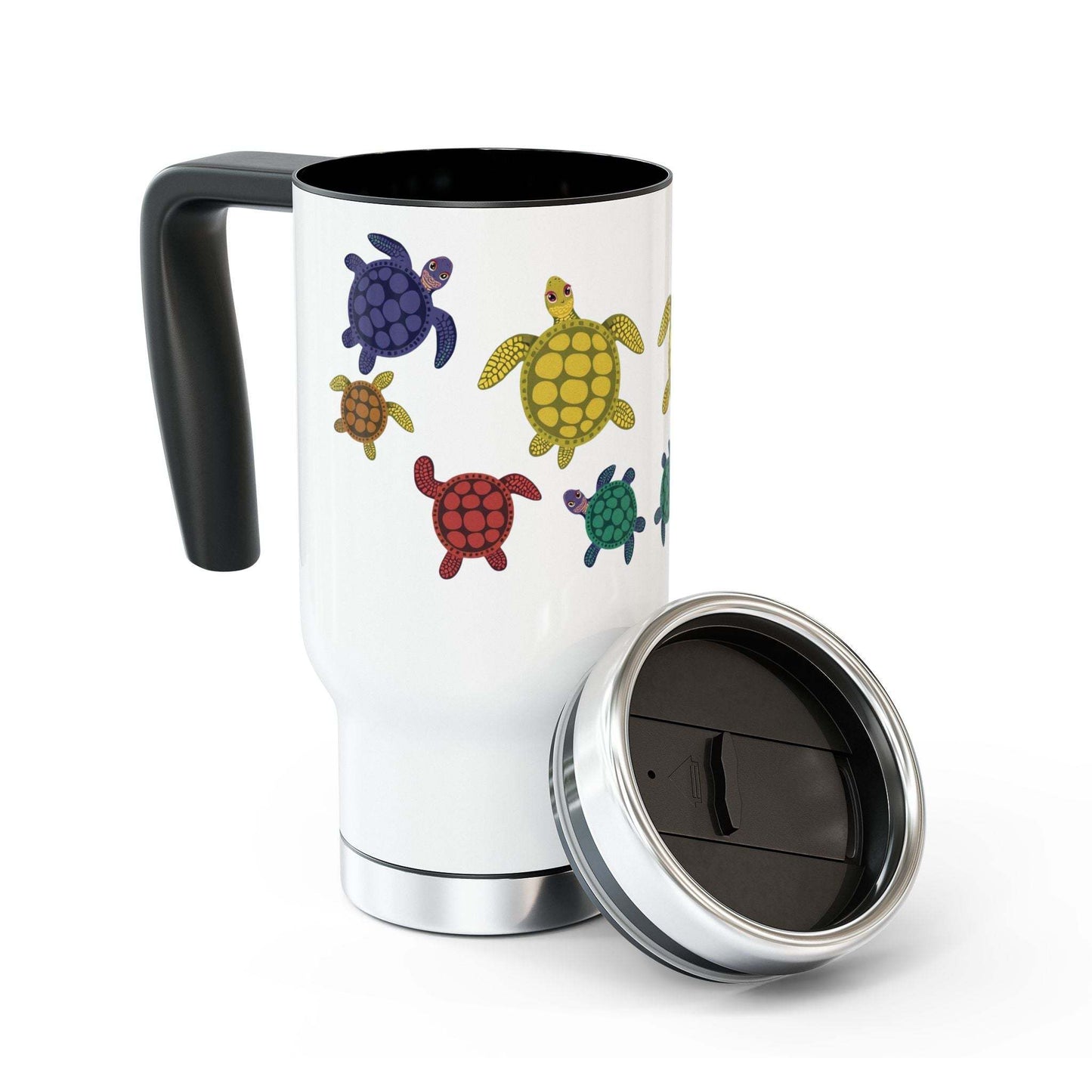 Stainless steel travel mug with handle, featuring colorful turtle design and spill-resistant cap.