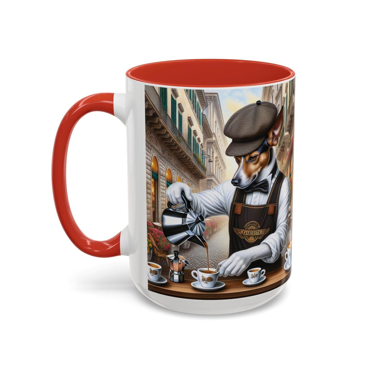 Artistic Dog Barista Coffee Mug with a colorful design featuring a dog barista, available in 11oz and 15oz sizes.