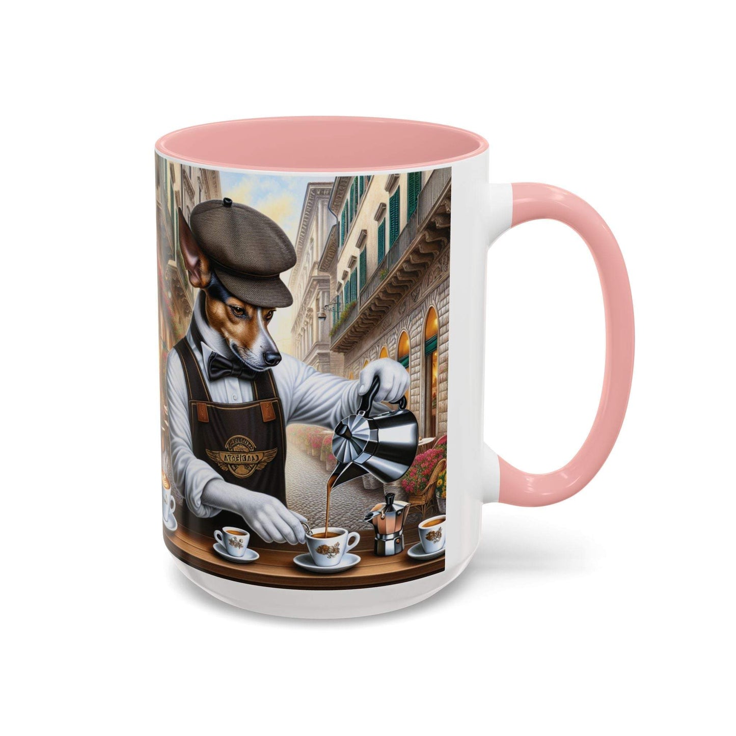 Artistic Dog Barista Coffee Mug with vibrant design, available in 11oz and 15oz sizes.