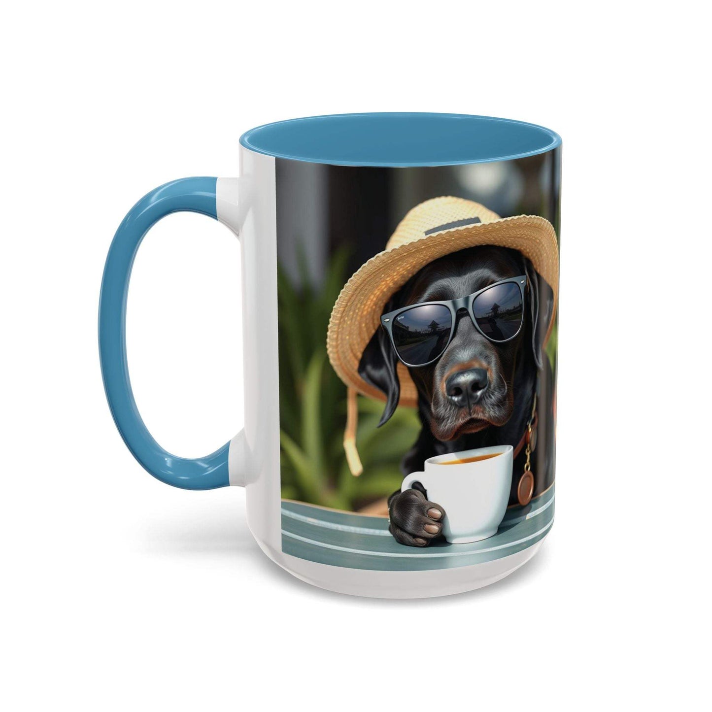 Coffee mug with a playful dog design, featuring a dog wearing sunglasses and a hat, perfect for dog lovers.