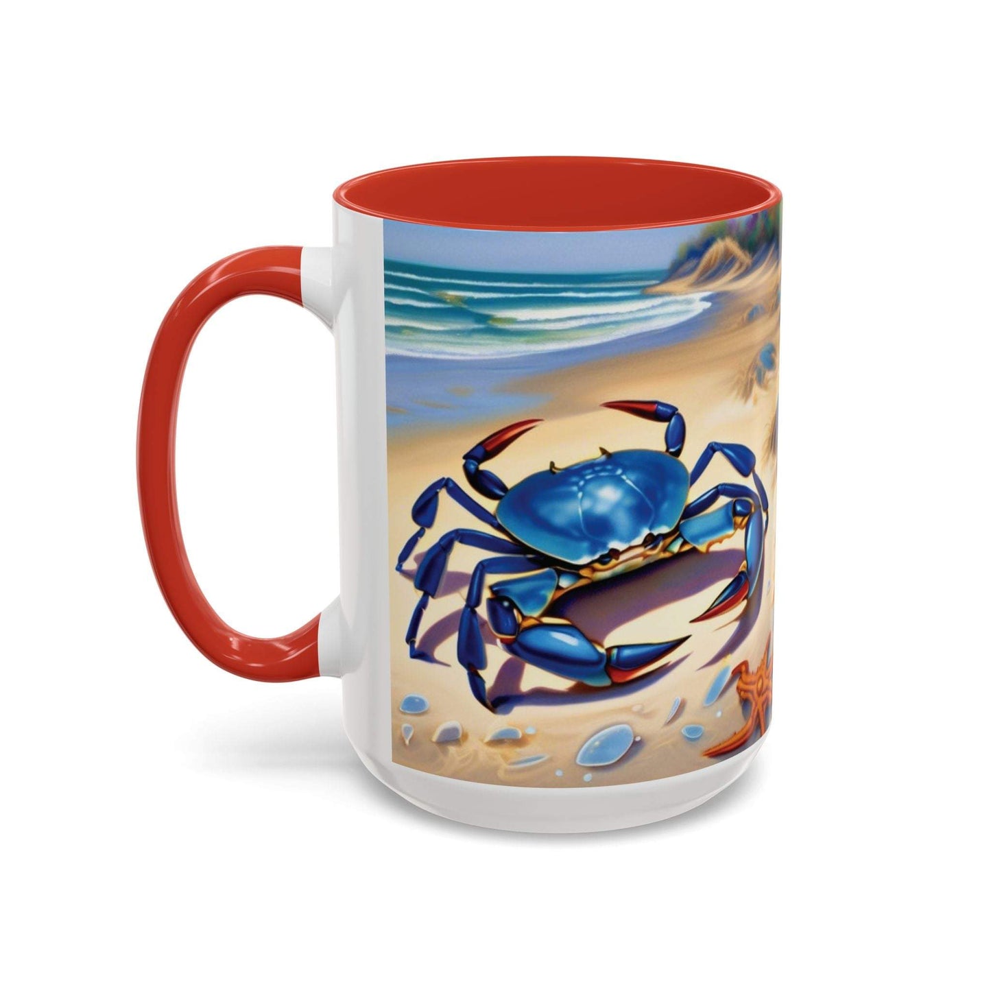 Coastal Crab Accent Coffee Mug with vibrant beach design and red interior.