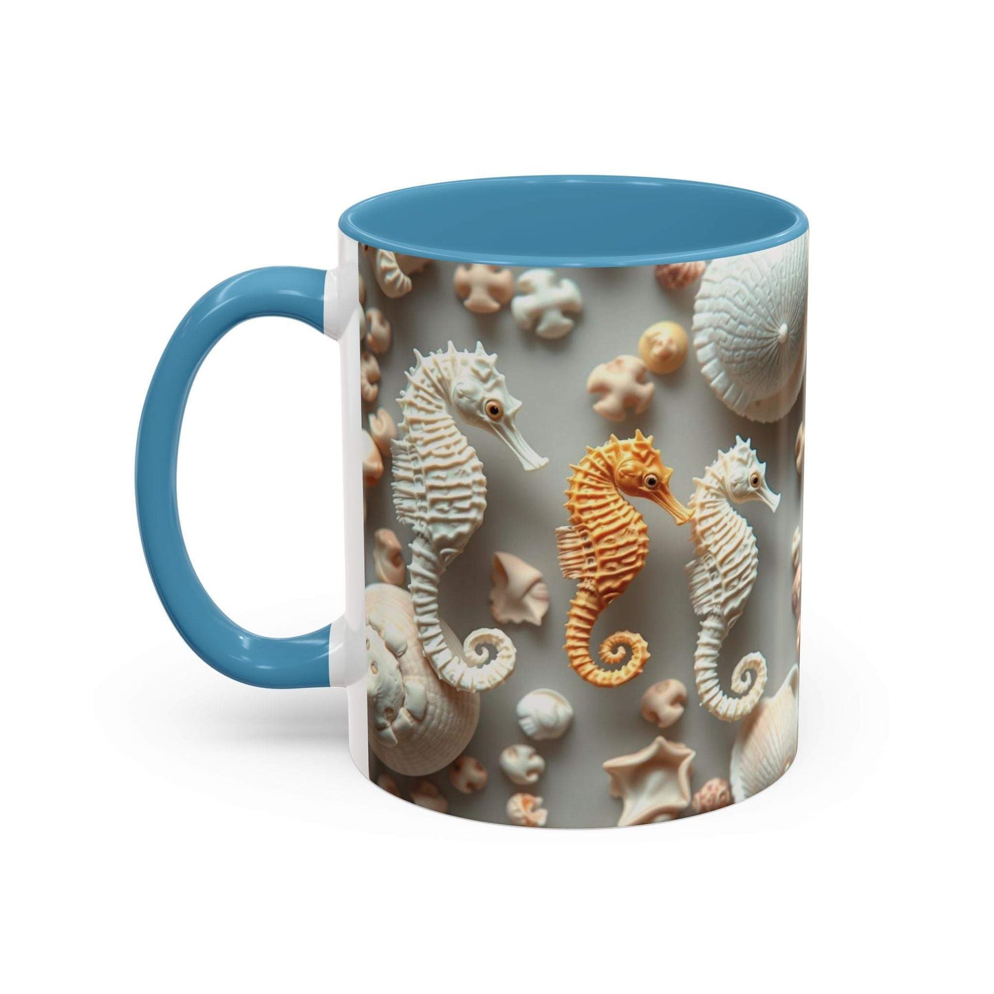 Seahorse accent coffee mug with nautical design and blue interior.