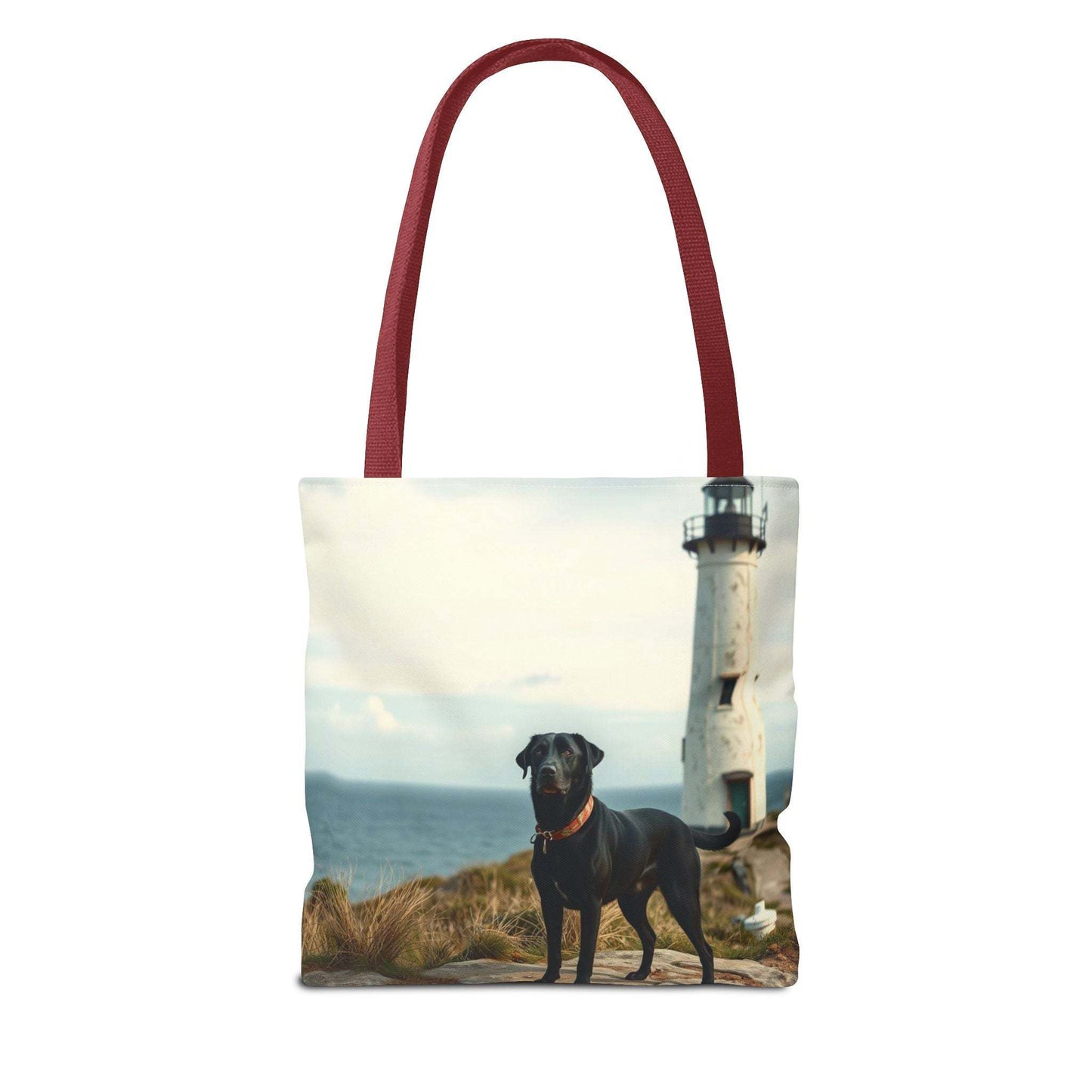 Coastal Canine Tote Bag with dog and lighthouse design, ideal for beach days and dog lovers.