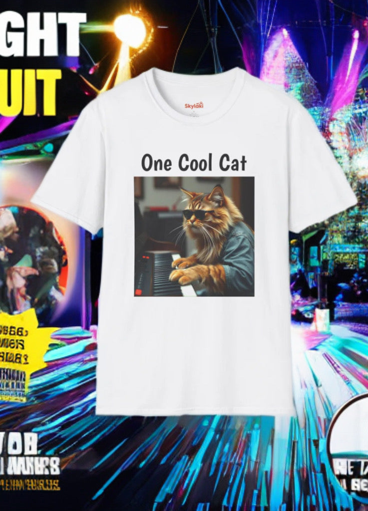 Unisex softstyle t-shirt featuring a cool cat playing the piano, perfect for cat lovers seeking a fun, quirky gift.