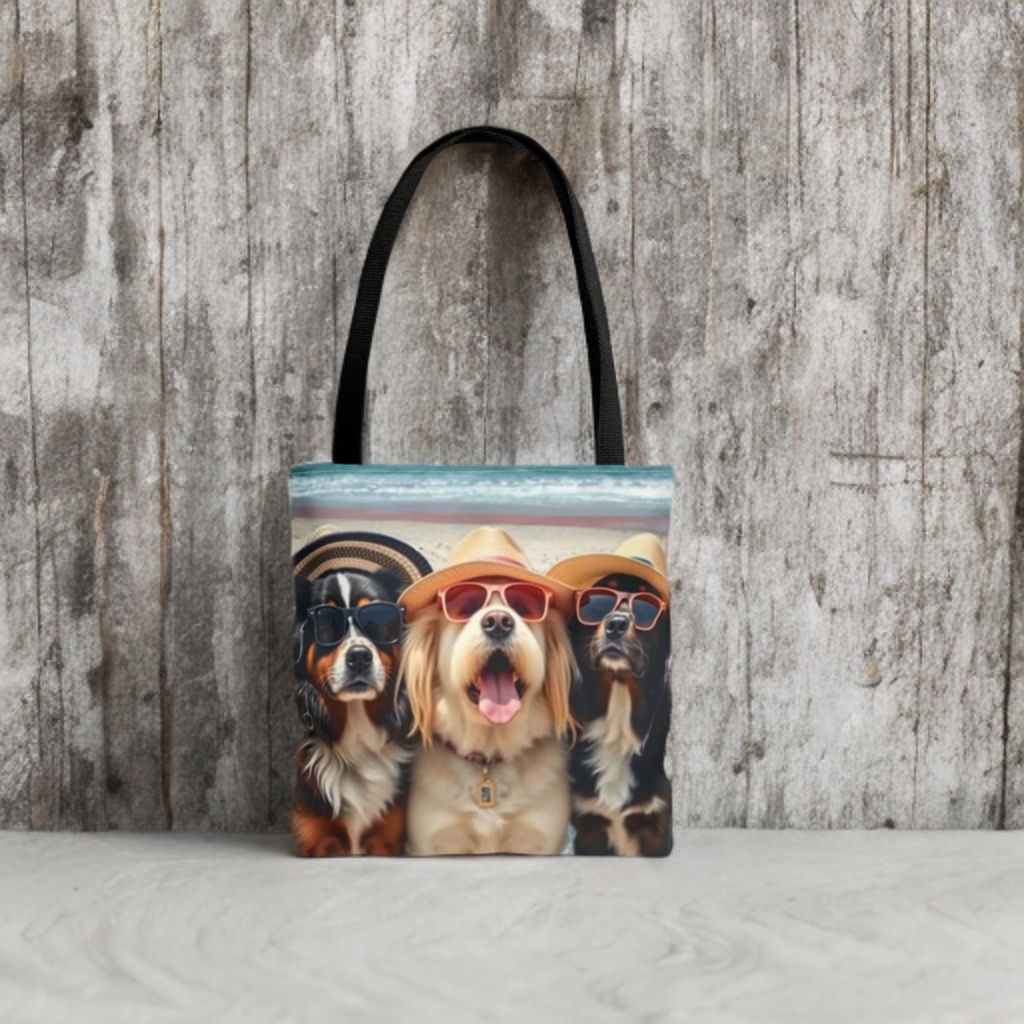 Trendy tote bag featuring dogs in sunglasses against a beach backdrop.