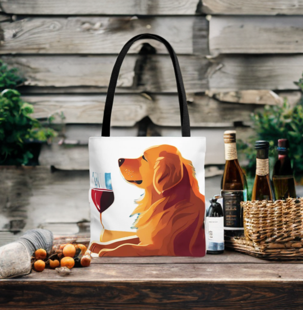 Everyday wine tote bag featuring a golden retriever with wine, ideal for dog and wine lovers.