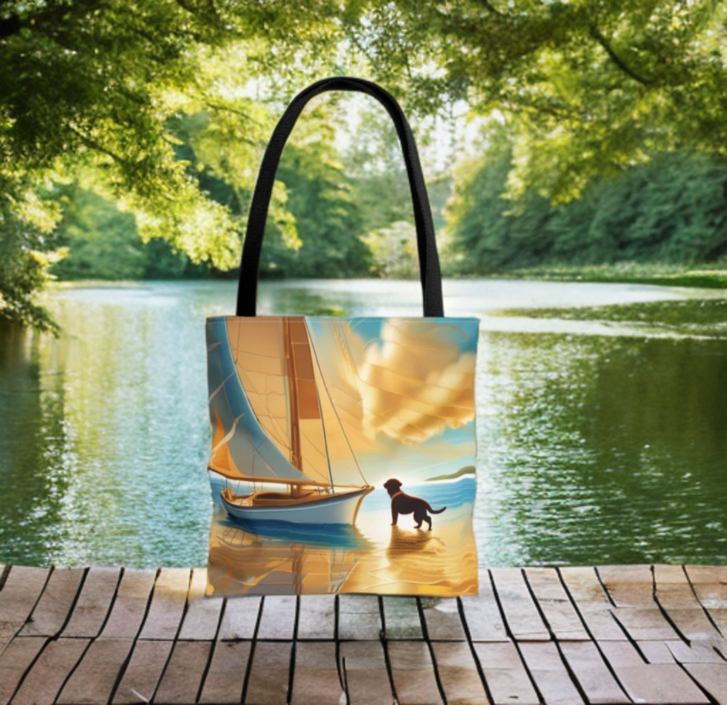 Tote Bag Fun Sun Sailing Adventure with nautical scene, perfect for dog lovers and nature enthusiasts.