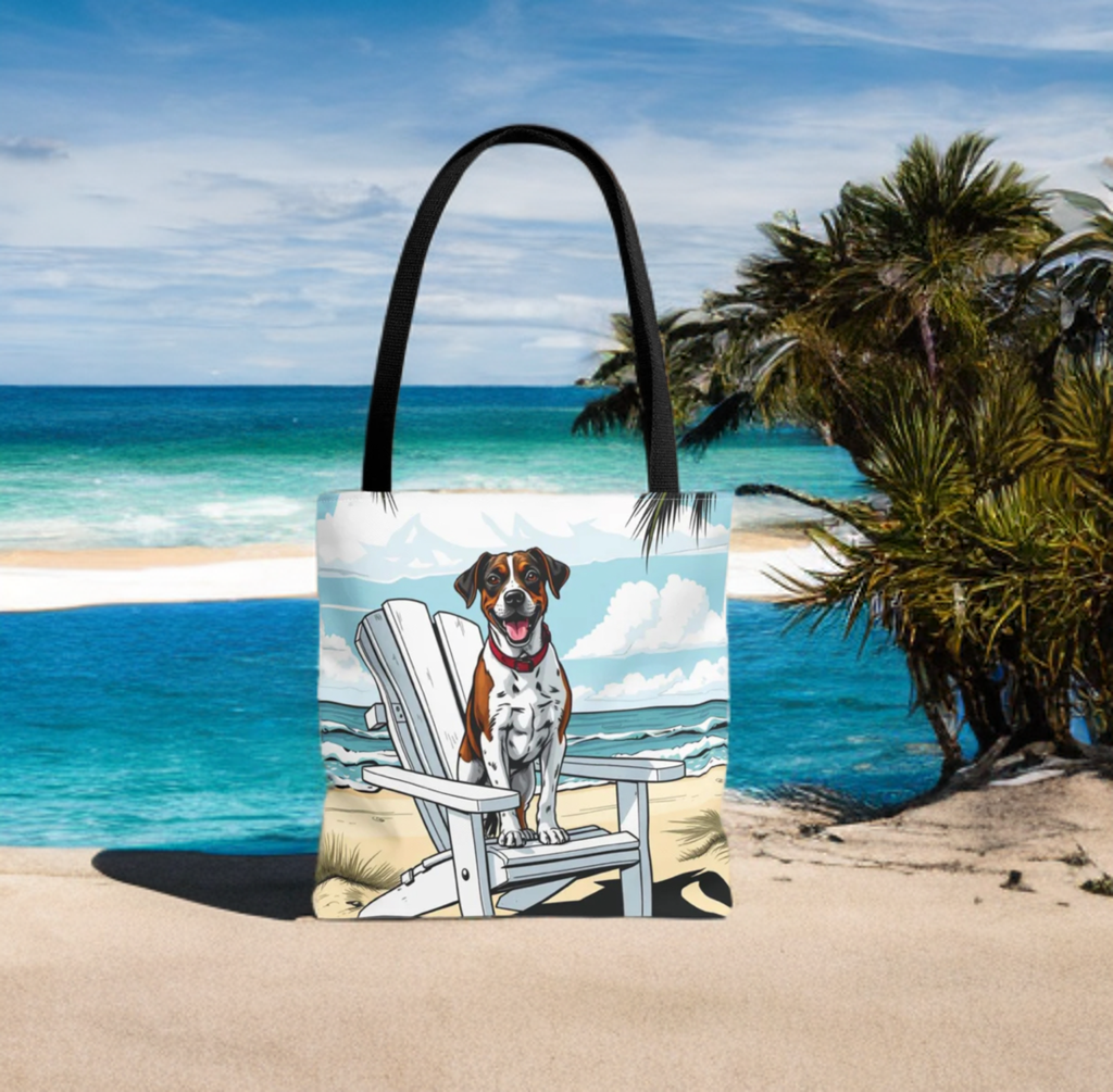 Beach tote bag with dog artwork, perfect for pet lovers and summer adventures.