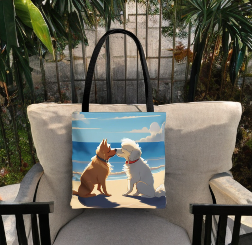 Stylish everyday beachy tote bags with cute pups on the beach design, durable polyester with black handles.