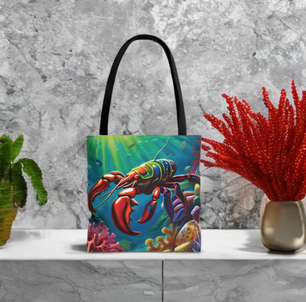Lobster Tote Bag with vibrant ocean design, perfect for beach lovers.