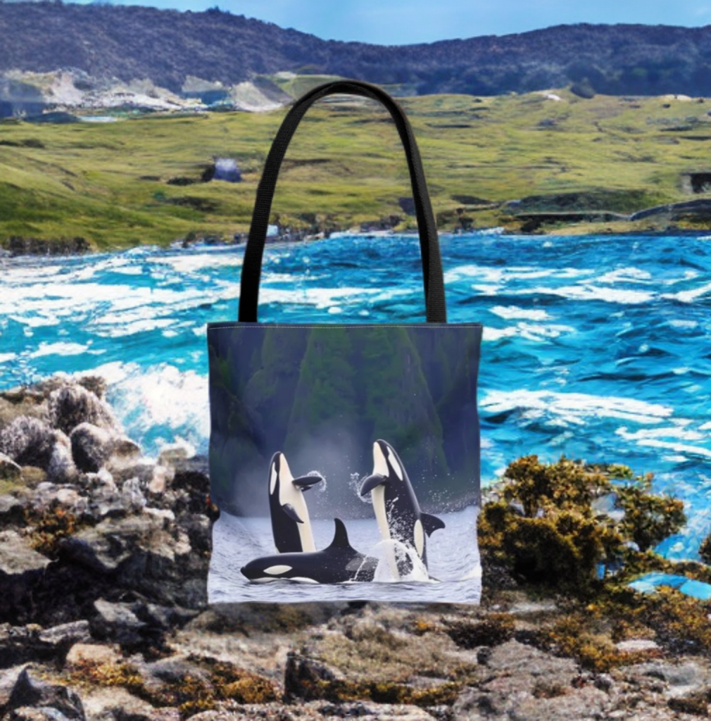 Everyday Nautical Tote Bag with Orca Whales design set against an ocean wildlife background, eco-friendly shopping accessory.