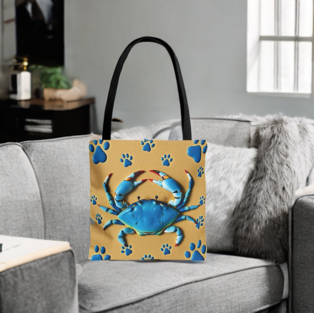 Blue Crab Pattern Custom Tote Bag with Black Handle on Couch