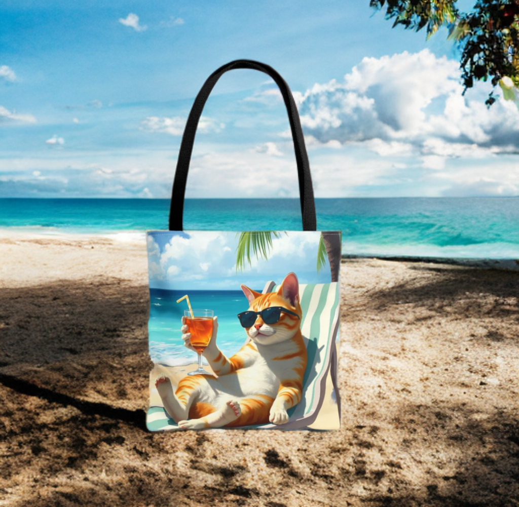 Cat tote bag with relaxed cat sipping drink at beach, perfect for summer adventures.