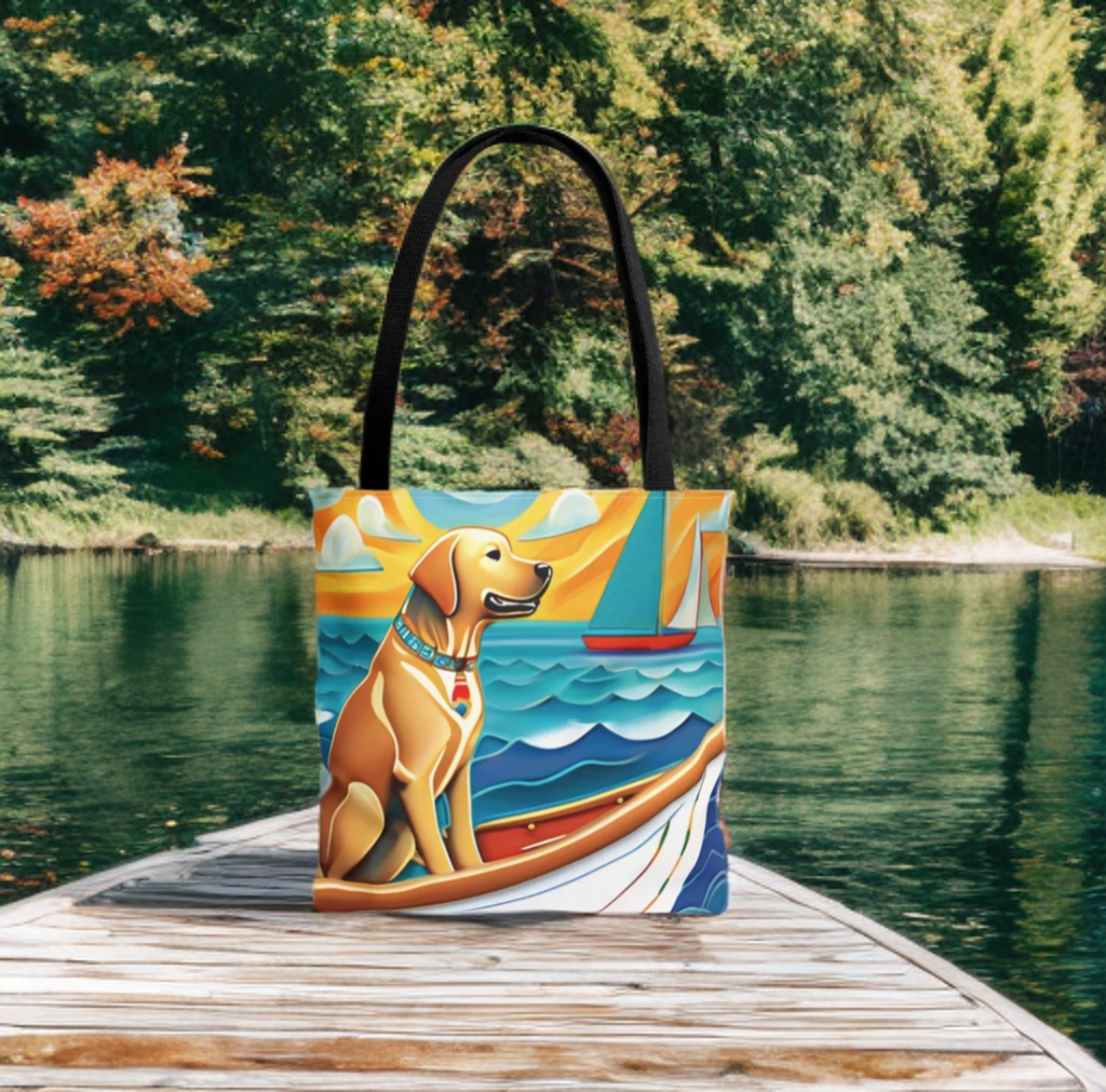 Tote Bag with vibrant sailing tote bag design on a pier, perfect for pet lovers and outdoor enthusiasts.