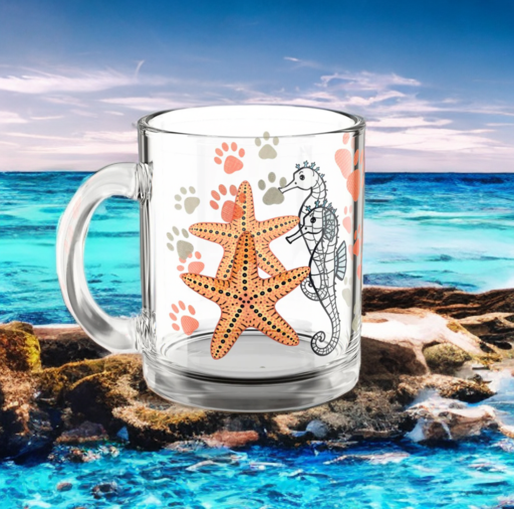 Coastal Seahorse & Starfish Glass Mug with ocean design, 10oz, ergonomic handle.