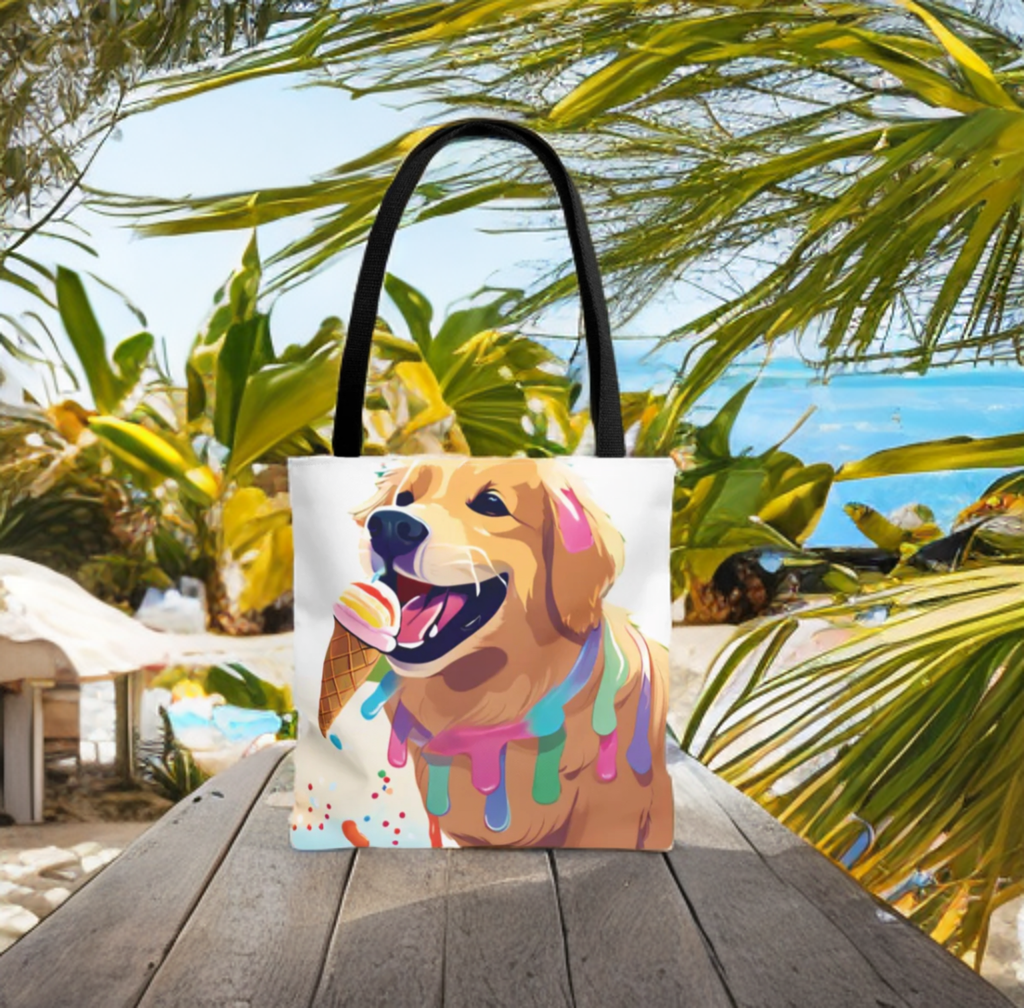 Ice Cream Pooch Fun Tote Bag with cute dog and ice cream design on a beach background, perfect for dog lovers.
