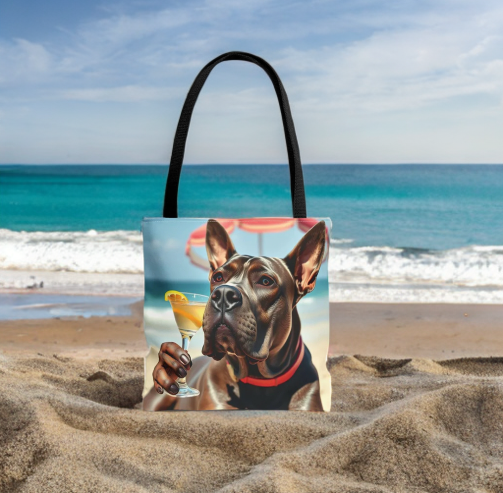Cool Dog Tote Bag with playful dog design on sandy beach.