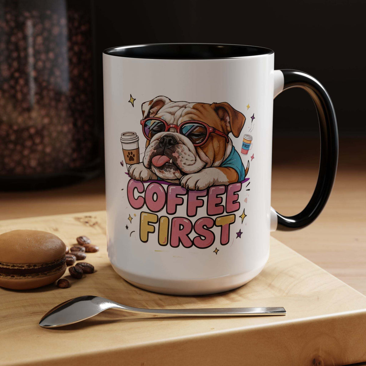 Bulldog Coffee Mug with glossy white ceramic, black handle, and colourful bulldog in sunglasses above COFFEE FIRST lettering