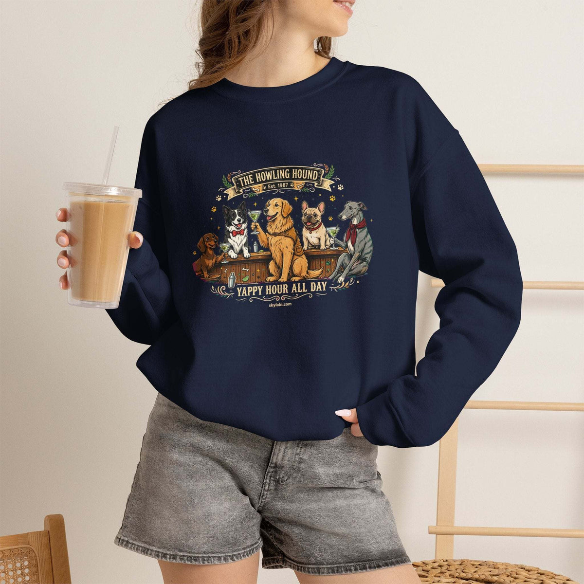 Cozy dog bar sweatshirt with embroidered dog breed graphic