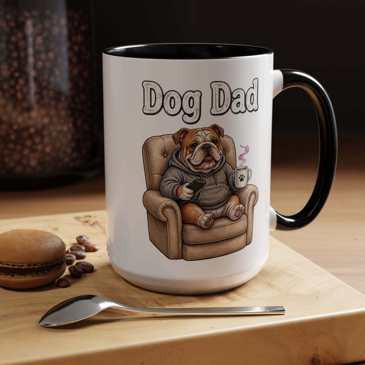 Dog Dad Mug featuring a relaxed bulldog illustration on ceramic coffee mug