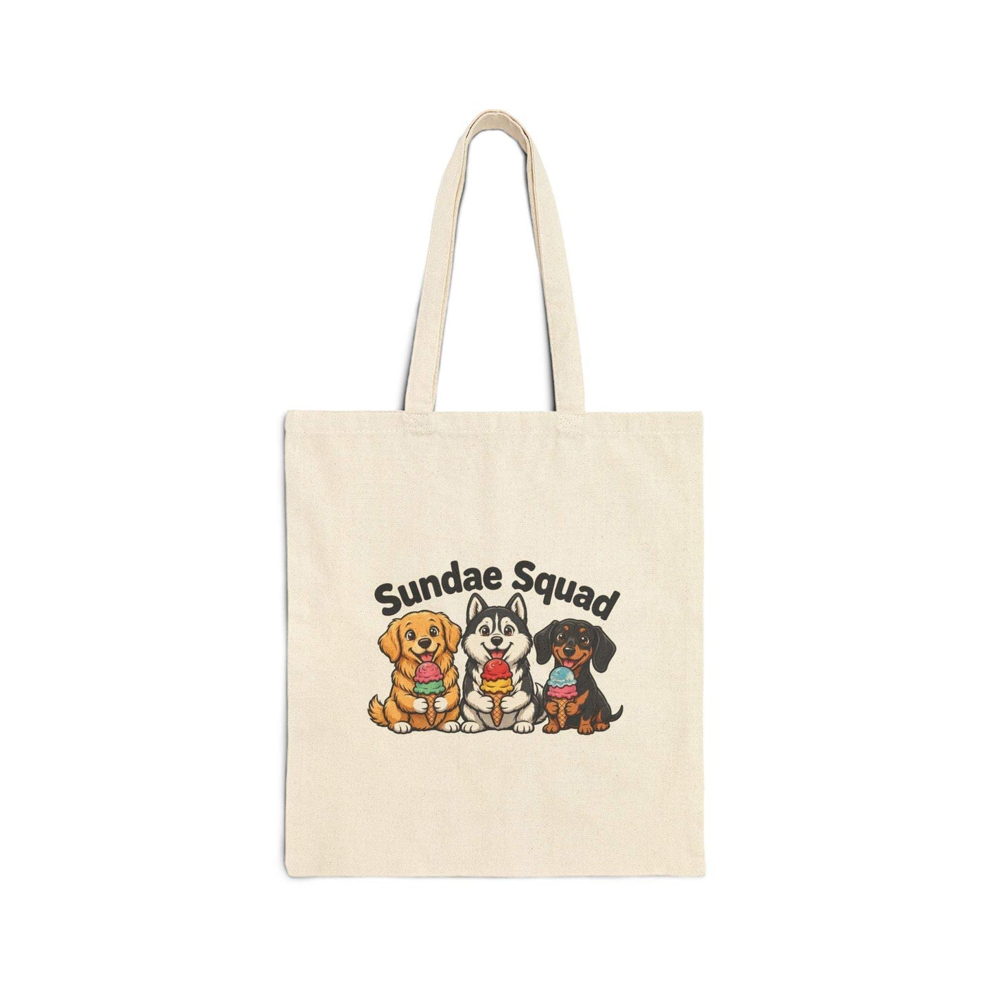Dog ice cream tote bag with sundae squad design and cheerful dogs