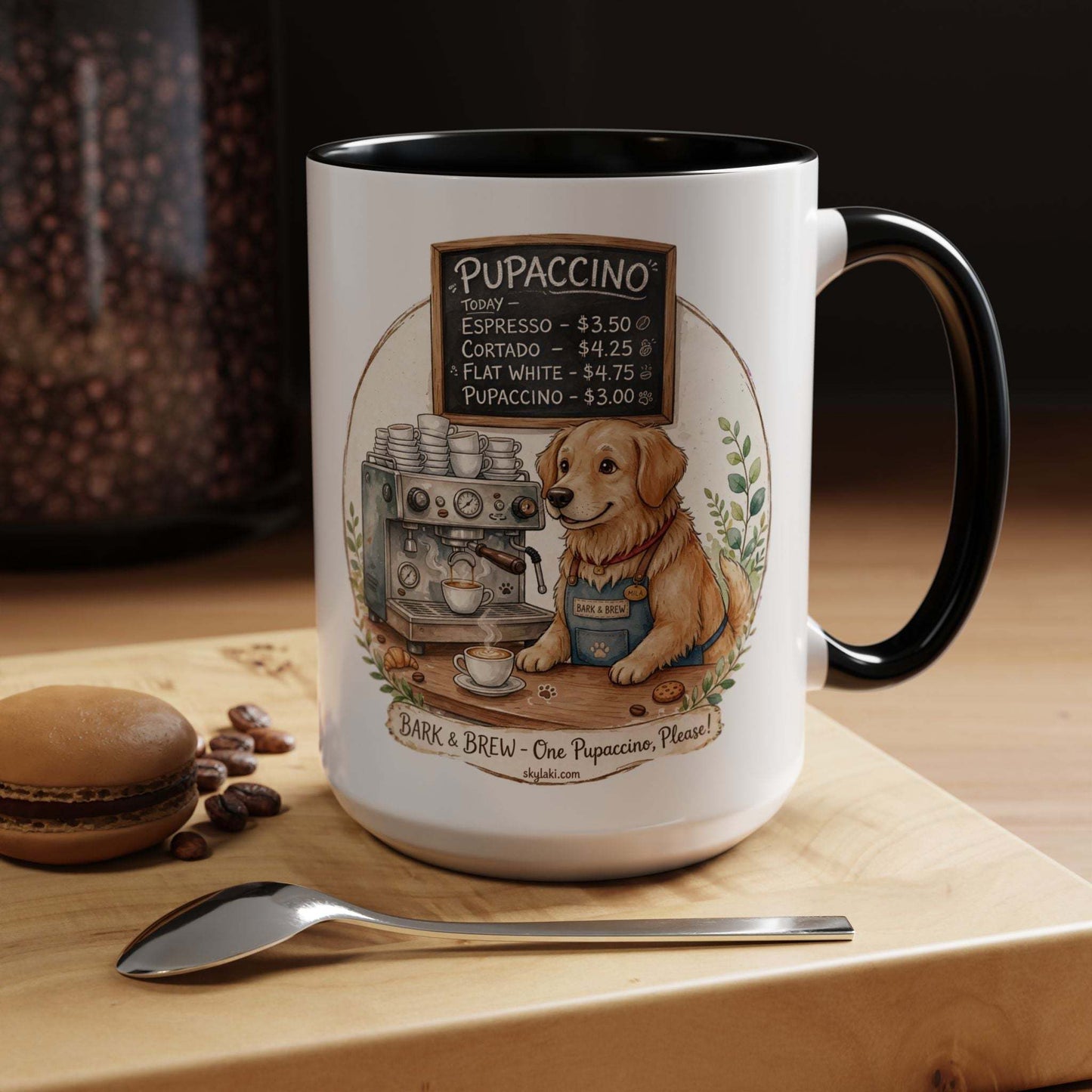 Funny dog barista coffee mug with watercolor dog in denim apron and chalkboard menu
