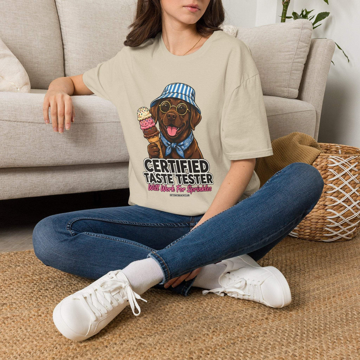Funny Labrador Ice Cream Shirt in beige cotton featuring a smiling dog with a striped bucket hat and melting ice cream cone graphic.