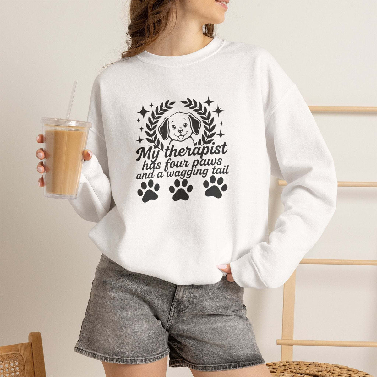 unisex off-white my therapist has four paws sweatshirt with dog embroidery
