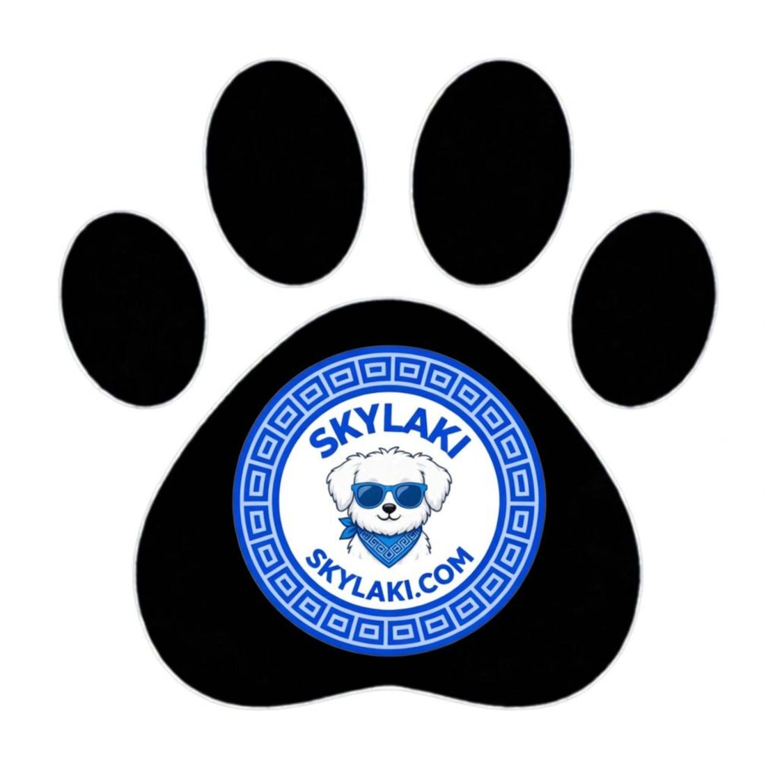 Black paw-shaped object featuring a blue-bordered circular logo with a white dog wearing sunglasses and a bandana, and text reading Skylaki and skylaki.com, illustrating What does skylaki mean.
