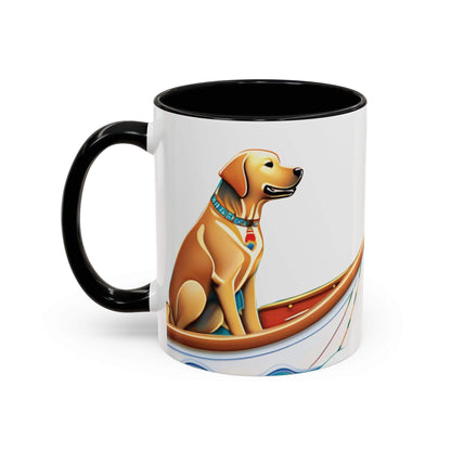 Nautical Dog Lover Coffee Mug with dog and boat design, 11oz and 15oz sizes, black handle.