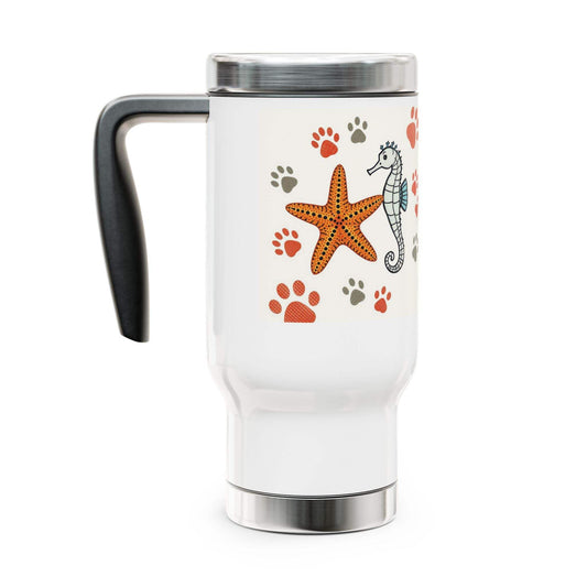 Stainless steel travel mug with handle, 14oz, glossy white enamel finish, beach design, spill-resistant cap.