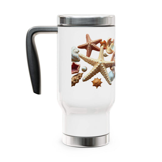 Stainless steel travel mug with handle and starfish design, 14oz capacity.