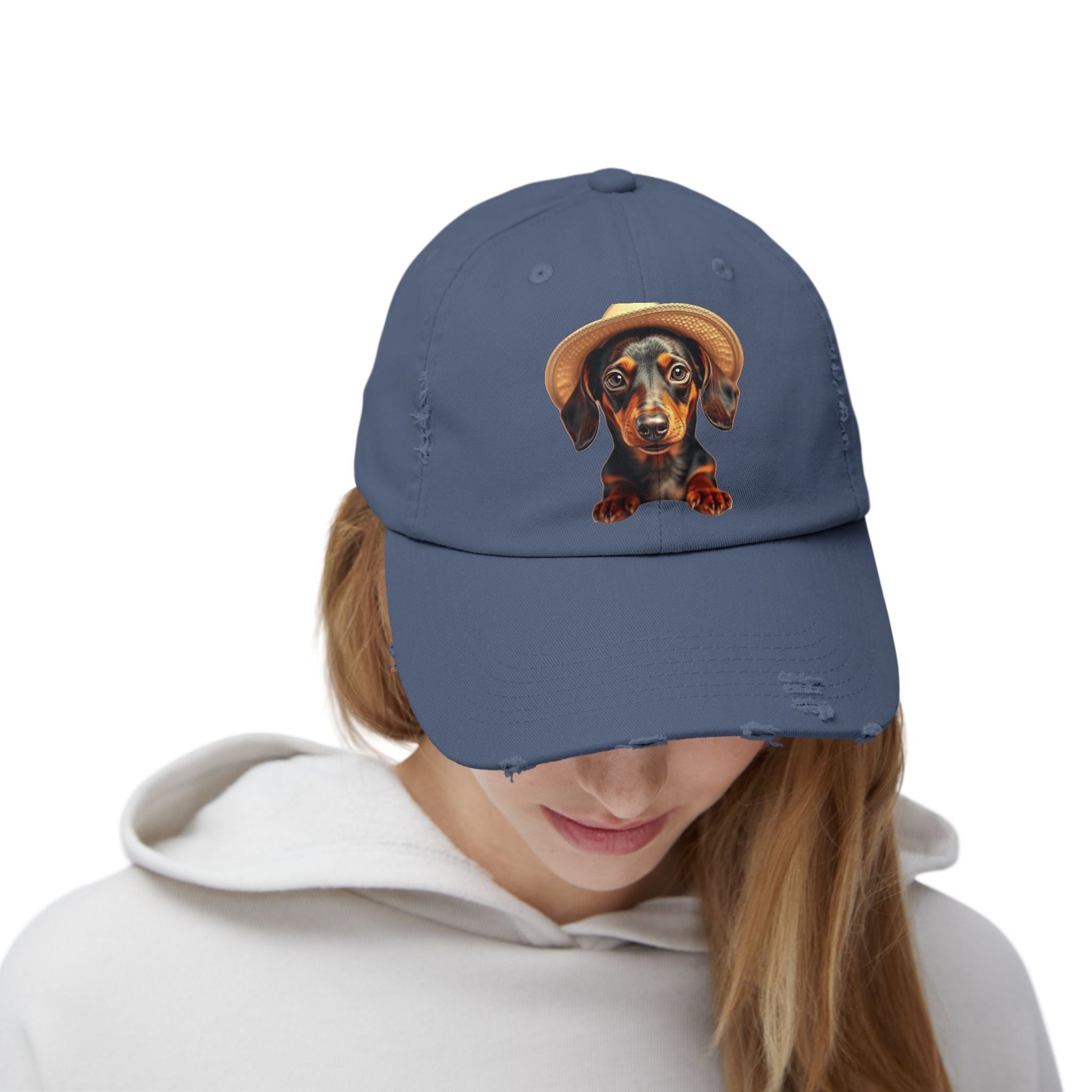 Dachshund distressed baseball cap with vintage design on woman's head.